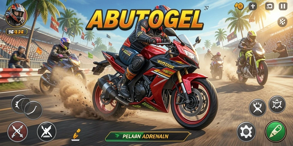 Tampilan gameplay menegangkan dari ABUTOGEL saat balapan motor.