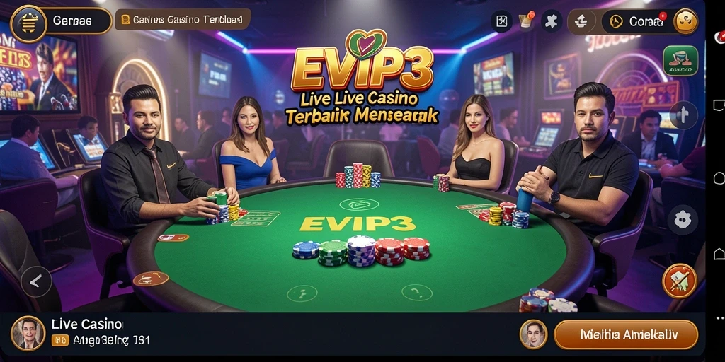 Gameplay EVIP3 yang menampilkan dealer langsung dalam suasana kasino.