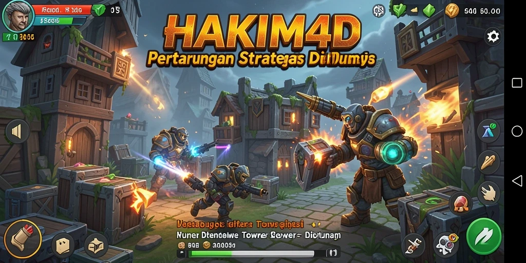 Screenshot HAKIM4D menunjukkan aksi menara pertahanan melawan gelombang musuh.