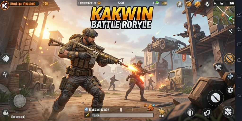 Screenshot utama KAKWIN menampilkan aksi intens dalam pertempuran Battle Royale.