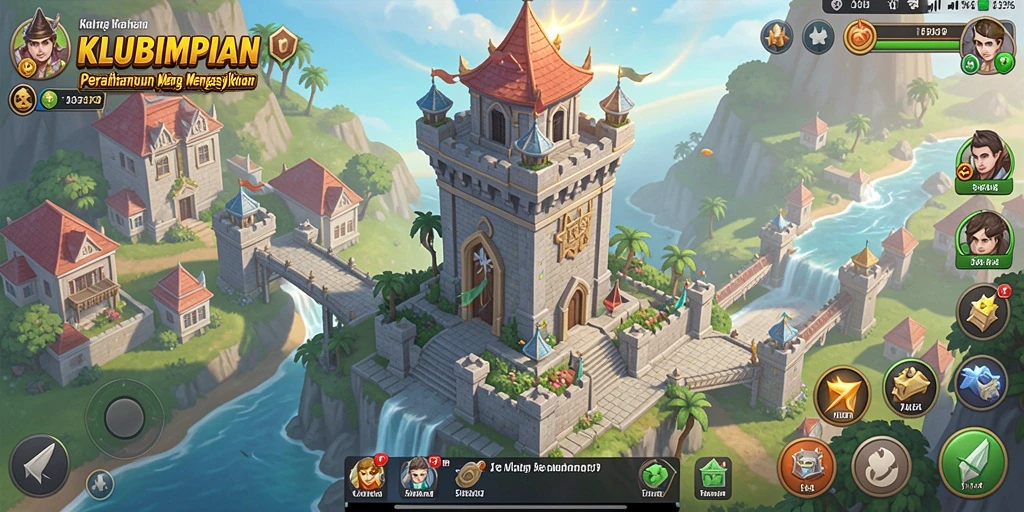 Screenshot gameplay KLUBIMPIAN dengan menara pertahanan yang aktif.