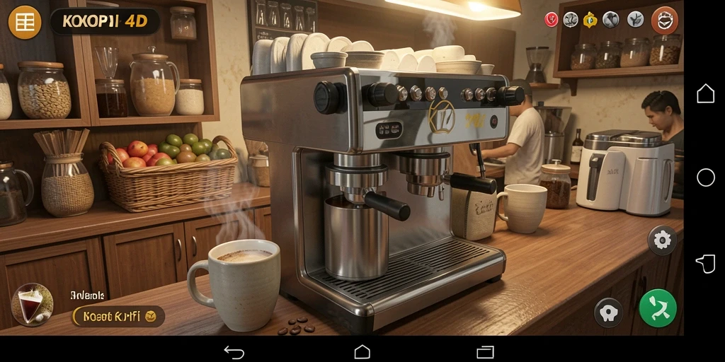 Screenshot gameplay KOPI4D yang menunjukkan proses pembuatan kopi.