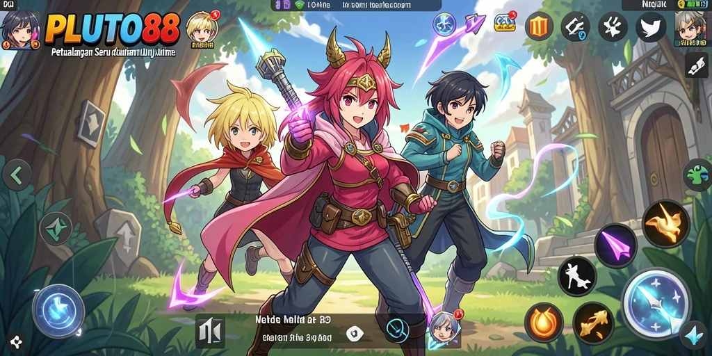 Tampilan gameplay yang mendebarkan dalam PLUTO88 dengan karakter anime aktif.