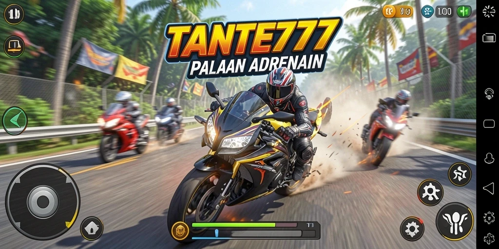 Gameplay seru di TANTE777 dengan motor racing penuh kecepatan.