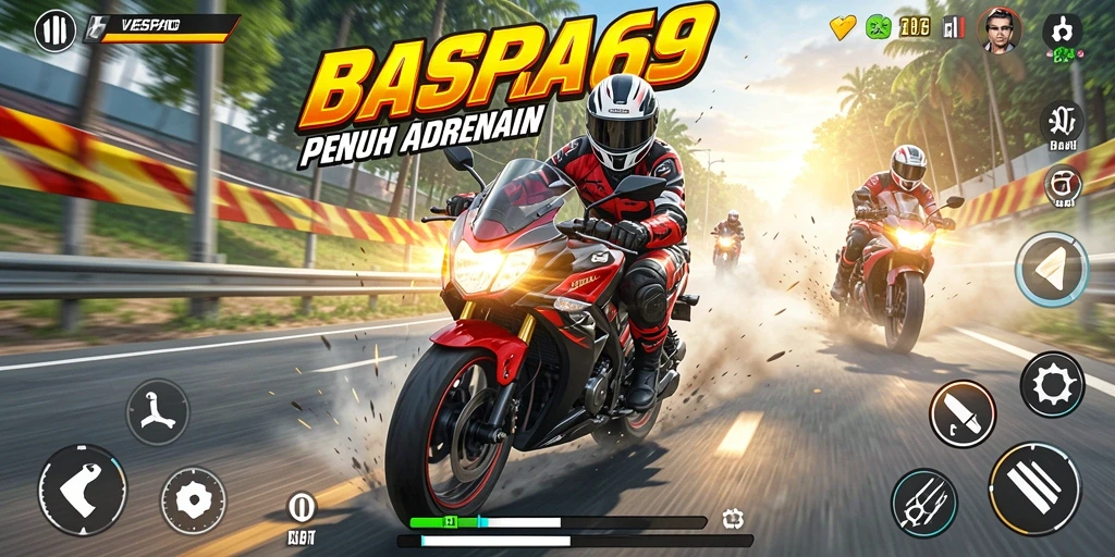 Screenshot utama VESPA69 menampilkan aksi balapan motor yang mendebarkan.